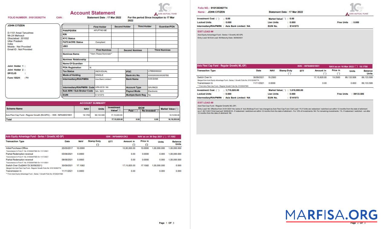 Printable India Axis bank statement excel 3 pages real example